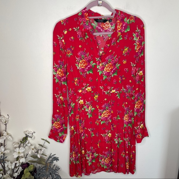& OTHER STORIES Pleated Long Sleeve Shirt Dress Floral Red - Picture 6 of 9